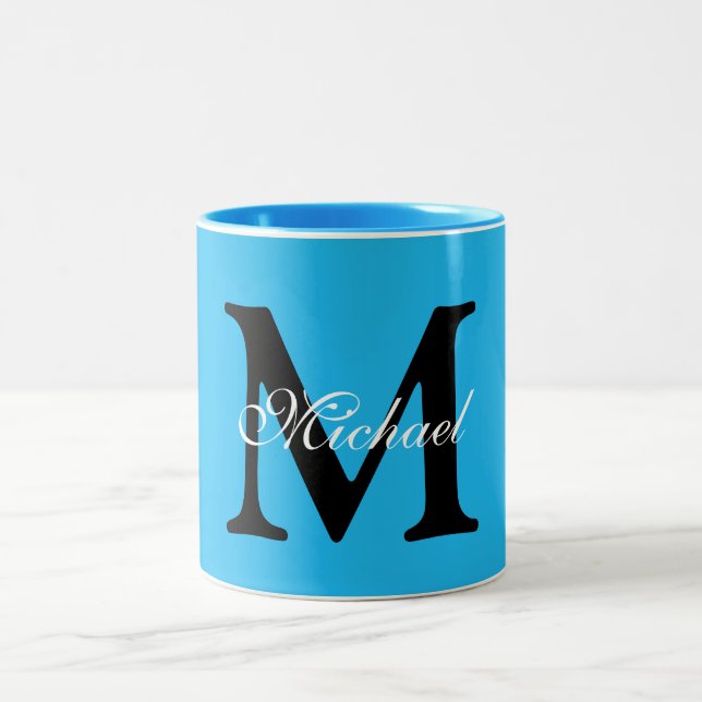 Personalised Name Monogram Blue Background Two-Tone Coffee Mug (Center)