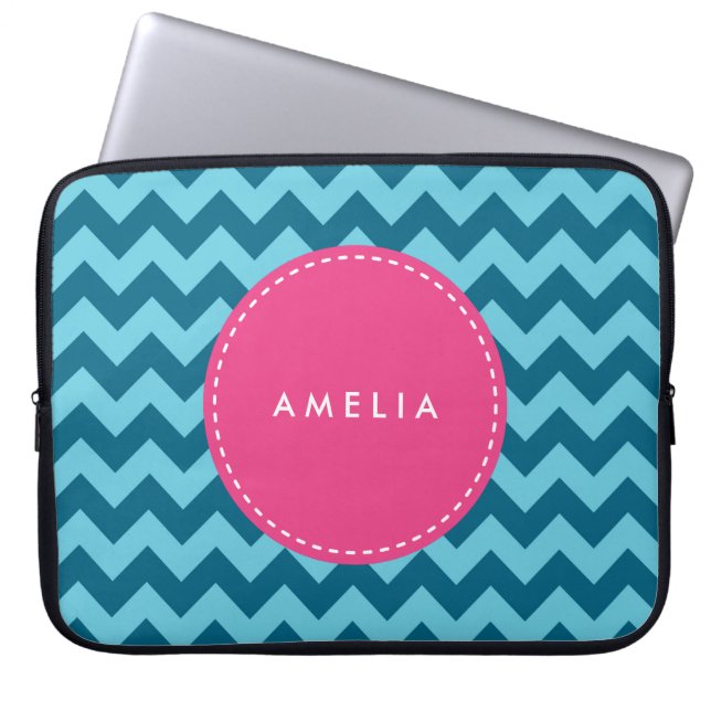 Personalised Name Monogram Blue Chevron Laptop Sleeve (Front)
