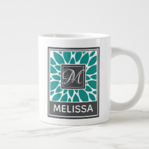 Personalised Name & Monogram Blue Flower Large Coffee Mug