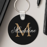 Personalised Name Monogram Elegant Black Gold Key Ring<br><div class="desc">Create your own personalised black round keychain with your custom calligraphy script name and monogram.</div>