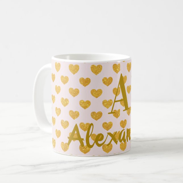 Personalised Name Monogram Gold Hearts pink Coffee Mug (Front Left)