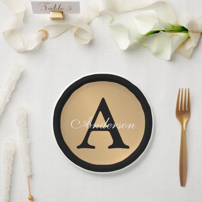 Personalised Name Monogram Gold Metallic Button  Paper Plate (Wedding)