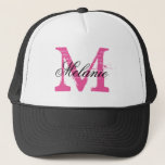 Personalised name monogram hat for wedding party<br><div class="desc">Personalised name monogram neon pink trucker hat for bride and bridesmaids . Vintage monogrammed name initial letter with stylish script typography. Cute wedding party favours for guests, friends and family. Make your own for bride to be and bride's entourage; brides maid, maid of honour, flower girl, matron of honour, mother...</div>