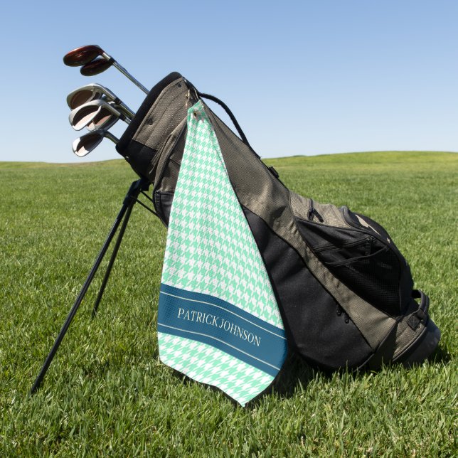 Personalised Name Monogram Mint Houndstooth   Golf Towel (Green)