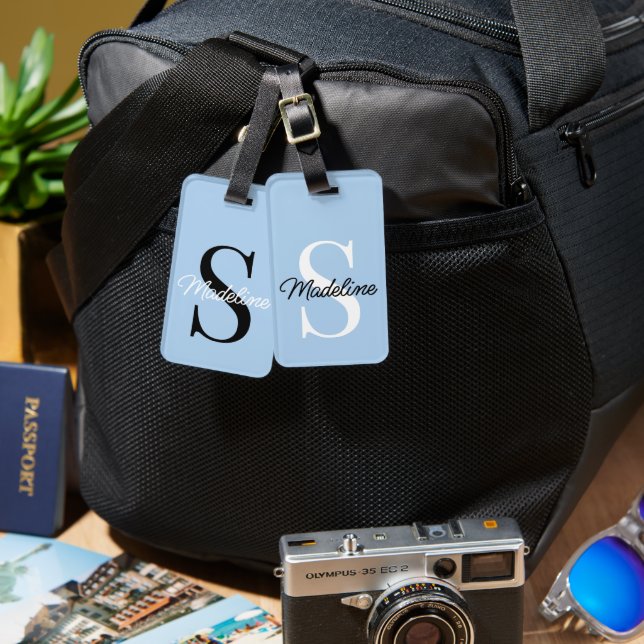 Personalised Name Monogram On Pastel Skyblue Luggage Tag (Front & Back)