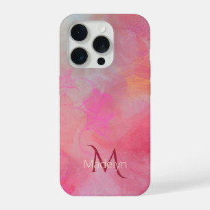 Personalised Name + Monogram Pink Watercolor Ink iPhone 15 Pro Case