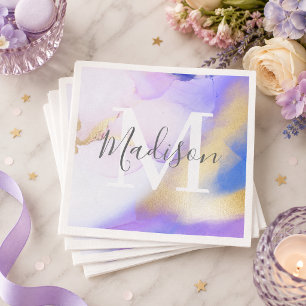 Personalised Name Monogram Purple Watercolor Glam Napkin