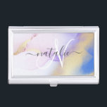 Personalised Name Monogram Purple Watercolor Luxe Business Card Holder<br><div class="desc">Easily personalise this glamourous style abstract lilac watercolor paint and faux gold spray background with your custom details.</div>