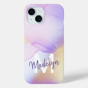 Personalised Name Monogram Purple Watercolor Luxe iPhone 15 Case