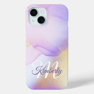 Personalised Name Monogram Purple Watercolor Luxe iPhone 15 Case
