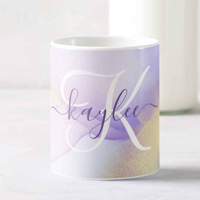 Personalised Name Monogram Purple Watercolor Luxe Coffee Mug (Creator Uploaded)