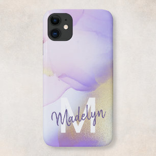 Personalised Name Monogram Purple Watercolor Luxe iPhone 14 Case