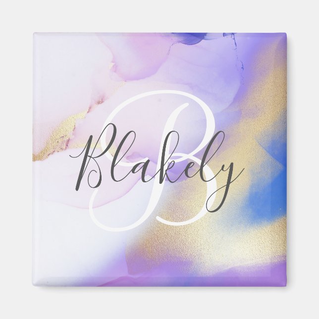 Personalised Name Monogram Purple Watercolor Luxe Magnet (Front)