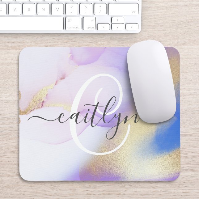 Personalised Name Monogram Purple Watercolor Luxe Mouse Mat (Creator Uploaded)