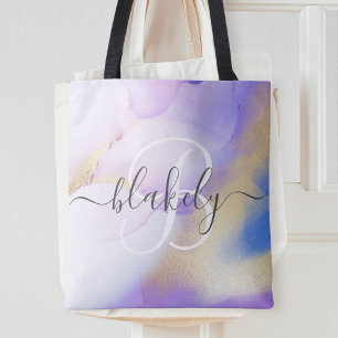 Personalised Name Monogram Purple Watercolor Tote Bag