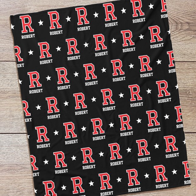 Personalised Name Monogram Star Red Black Fleece Blanket (Creator Uploaded)