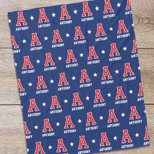 Personalised Name Monogram Star Red Navy Fleece Blanket