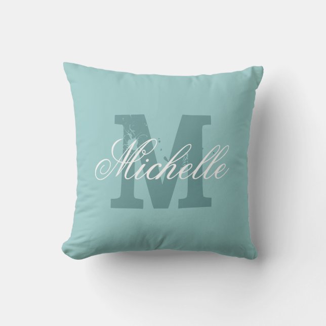 Personalised name monogram teal blue throw pillow (Front)