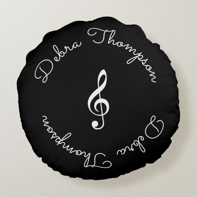 personalised name monogram - treble clef black round cushion (Back)
