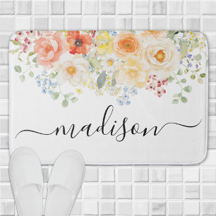 Personalised Name Monogram Watercolor Sunny Floral Bath Mat