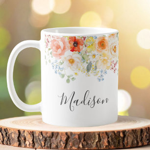 Personalised Name Monogram Watercolor Sunny Floral Coffee Mug