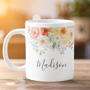 Personalised Name Monogram Watercolor Sunny Floral Large Coffee Mug