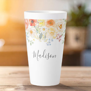 Personalised Name Monogram Watercolor Sunny Floral Latte Mug