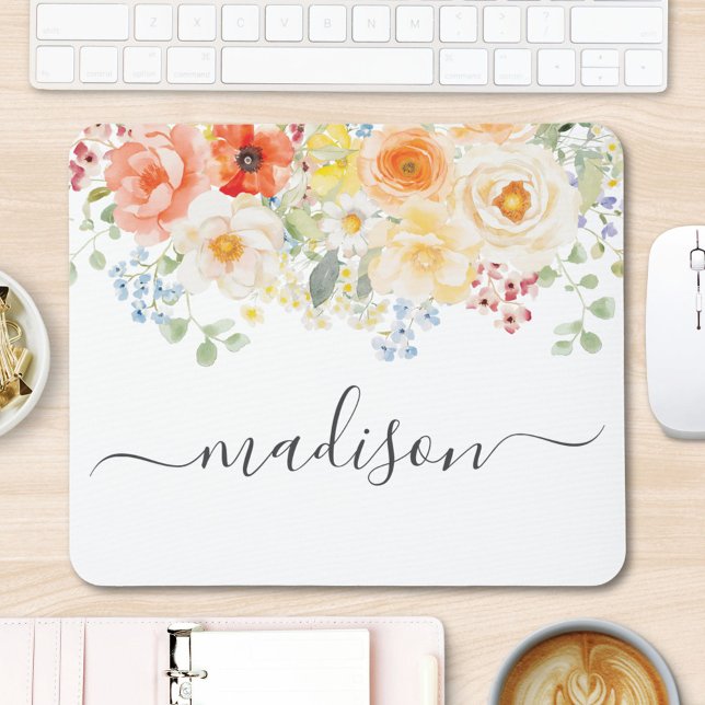 Personalised Name Monogram Watercolor Sunny Floral Mouse Mat (Creator Uploaded)