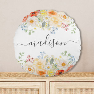 Personalised Name Monogram Watercolor Sunny Floral Round Cushion