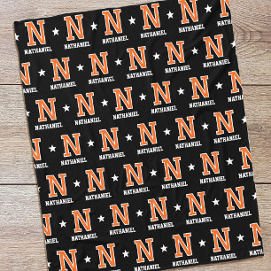 Personalised Name Monogrammed Star Orange Black Fleece Blanket