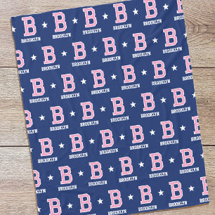 Personalised Name Monogrammed Star Pink Navy Fleece Blanket