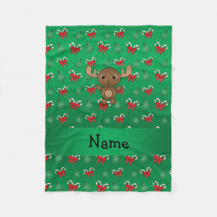 Personalised name moose green candy canes bows fleece blanket