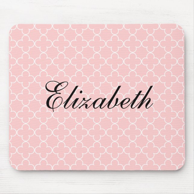 Personalised name mouse pad | Pink quatrefoil (Front)