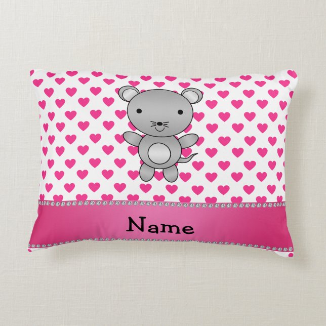 Personalised name mouse pink hearts polka dots decorative cushion (Back)