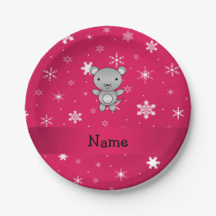 Personalised name mouse pink snowflakes paper plate