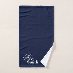 Personalised Name Mrs Smith White Navy Hand Towel