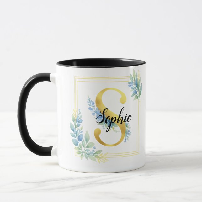 Personalised Name Mug • Gold and Floral Initial (Left)