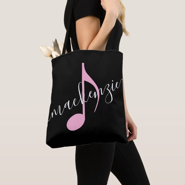 Personalised Name Music Note Black and Pink Tote Bag (Close Up)