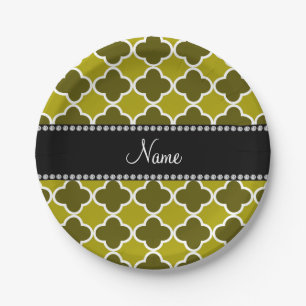 Personalised name mustard yellow quatrefoil paper plate