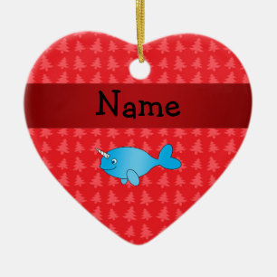 Personalised name narwhal red christmas trees ceramic tree decoration