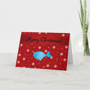 Personalised name narwhal red snowflakes holiday card