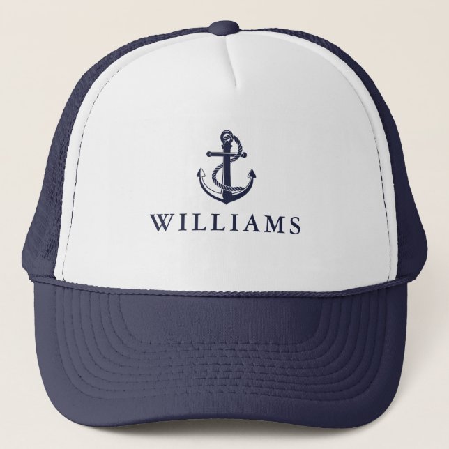 Personalised Name Nautical Boat Anchor Navy Blue Trucker Hat (Front)