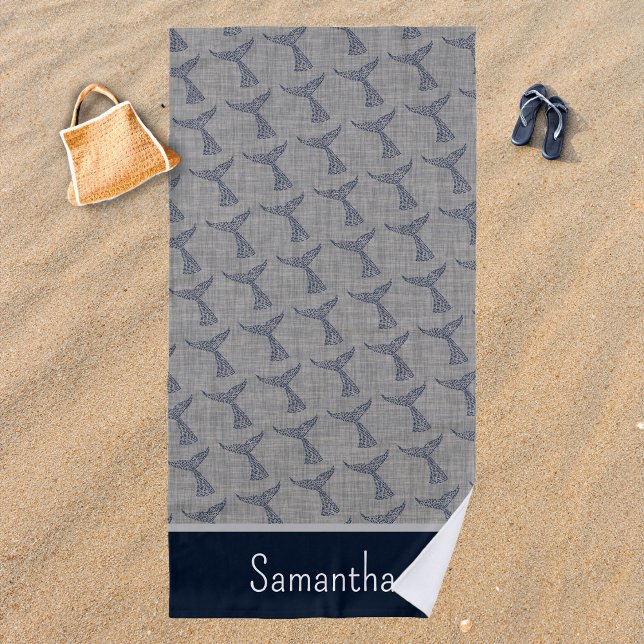 Personalised Name Nautical Whale Tail Art Beach Towel (Personalized Name Nautical Whale Tail Art Beach Towel)