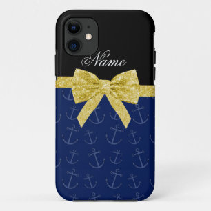 Personalised name navy blue anchors glitter bow iPhone 11 case