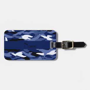Personalised name navy blue camouflage luggage tag