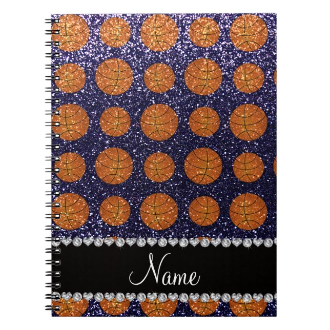 Personalised name navy blue glitter basketballs notebook (Front)