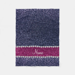 Personalised name navy blue glitter pink stripe fleece blanket