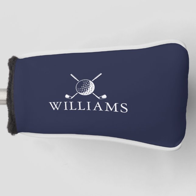 Personalised Name Navy Blue Golf Ball And Clubs Golf Head Cover (Front)