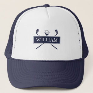 Personalised Name Navy Blue Golf Ball And Clubs Trucker Hat