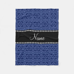 Personalised name navy blue greek key pattern fleece blanket